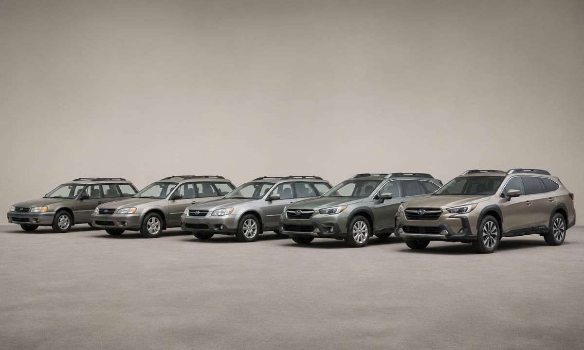 A lineup of five Subaru Outback generations parked side by side, showing the model's visual evolution from 1994 to today