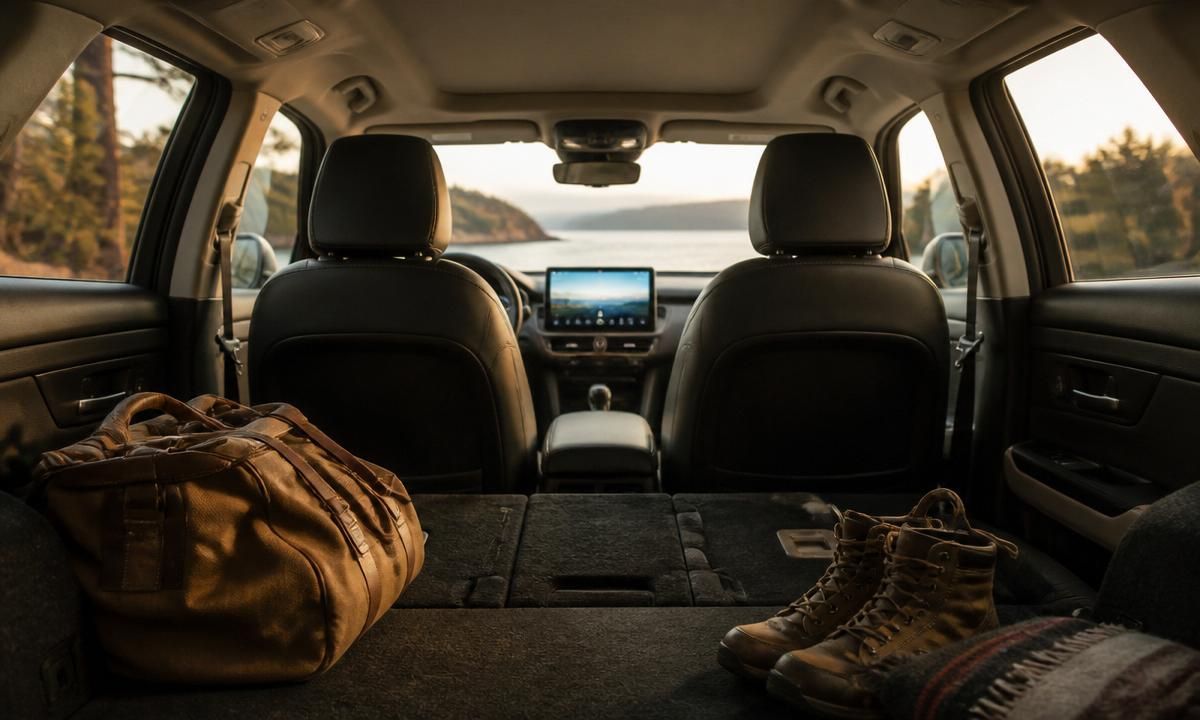 Rear cargo area of a Subaru Outback loaded with a duffel bag and hiking boots, overlooking a lake at dusk