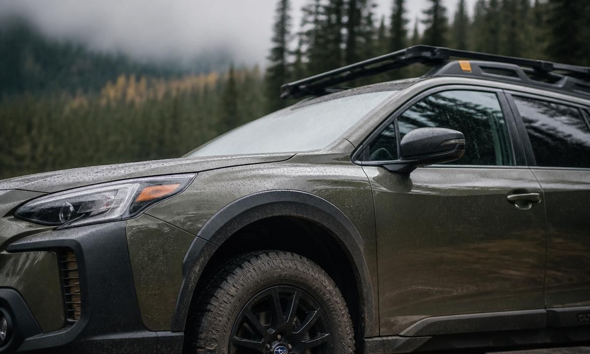 Close-up of the Outback's front fender, all-terrain tire, and roof rack system in a misty forest setting