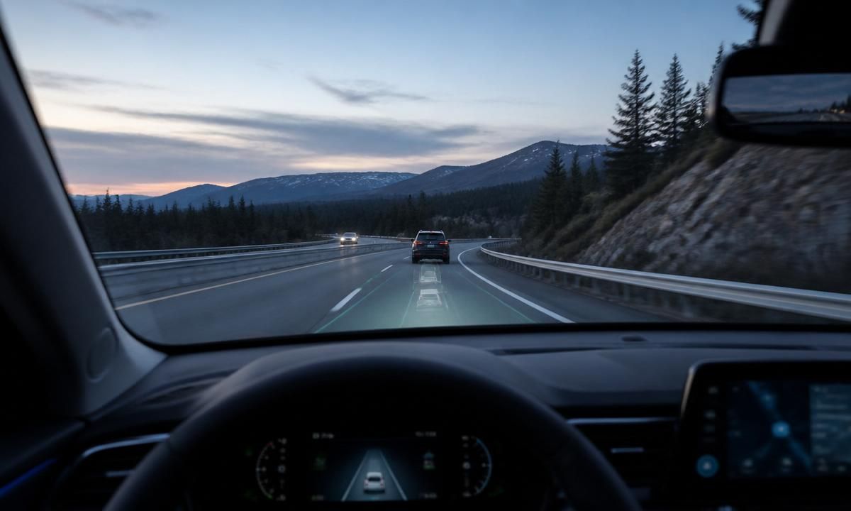 View from the driver's seat of a car using lane-centering technology on a mountain highway at dusk