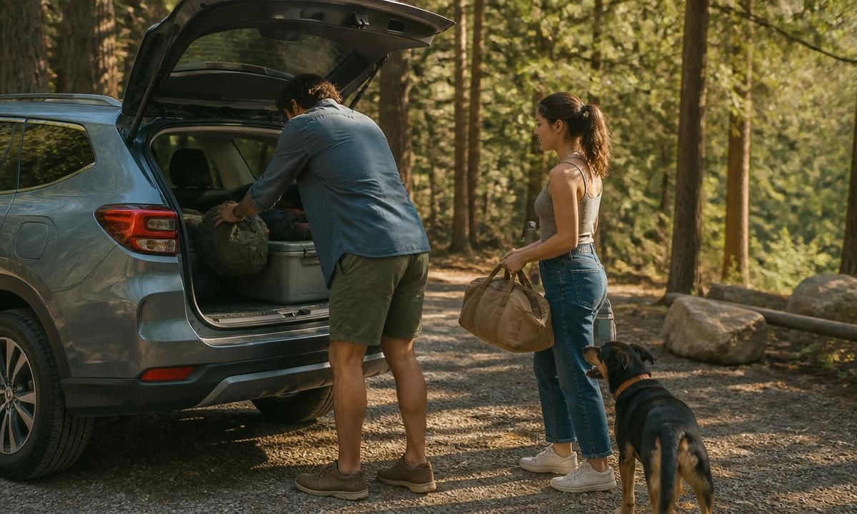A couple loading camping gear into the back of an SUV in a forest campsite, with a dog watching nearby