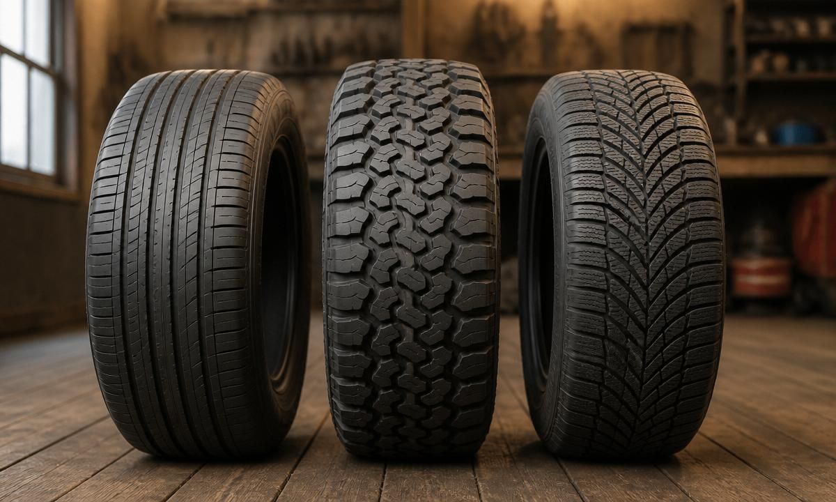 Three tires standing side by side in a workshop: an all-season, an all-terrain, and a winter tire tread pattern
