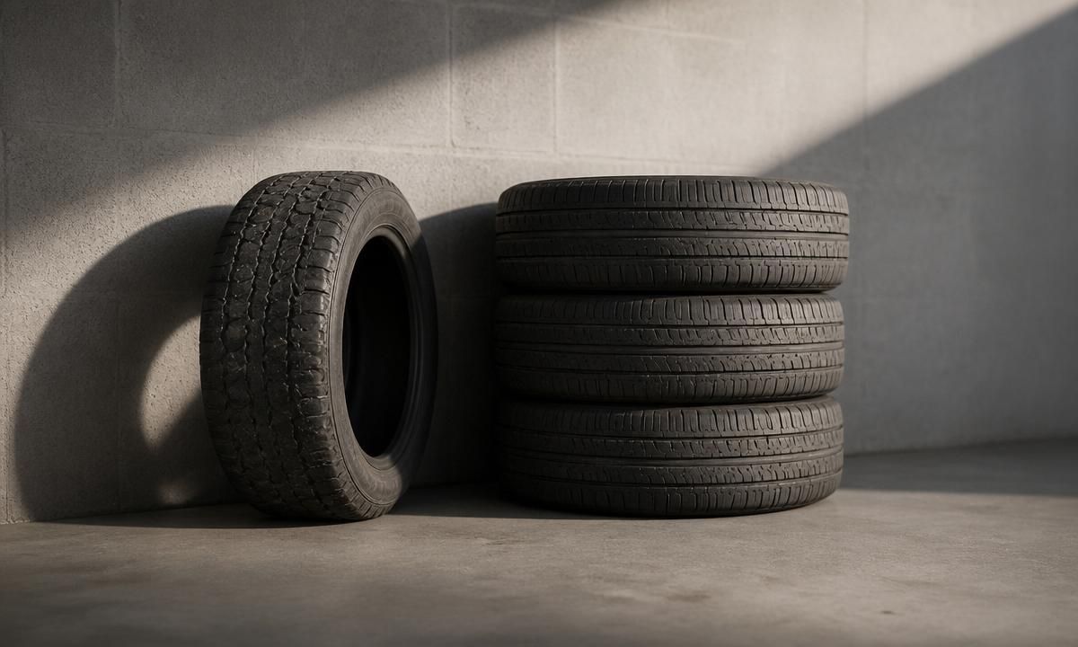 Three matching tires stacked beside a single mismatched tire against a concrete wall