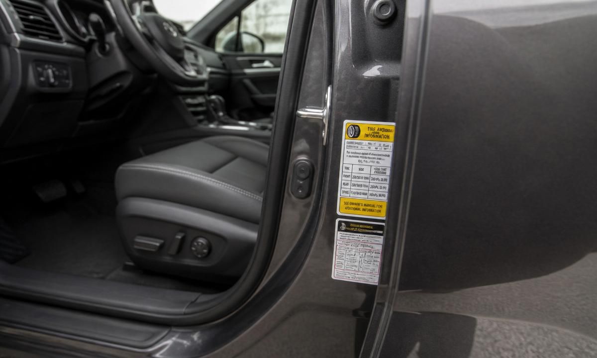 Driver's-side door jamb open, showing the factory tire placard sticker with size and cold inflation pressure