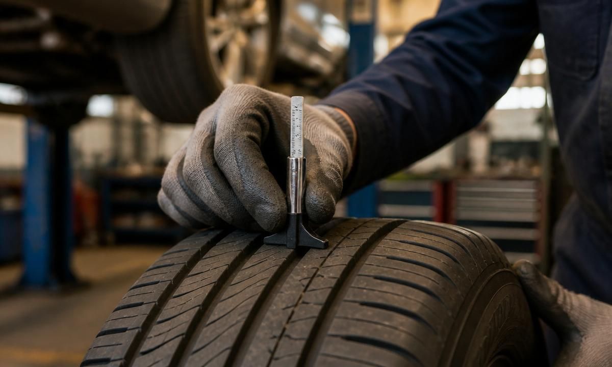 Mechanic measuring remaining tread depth on an Outback tire with a metal depth gauge