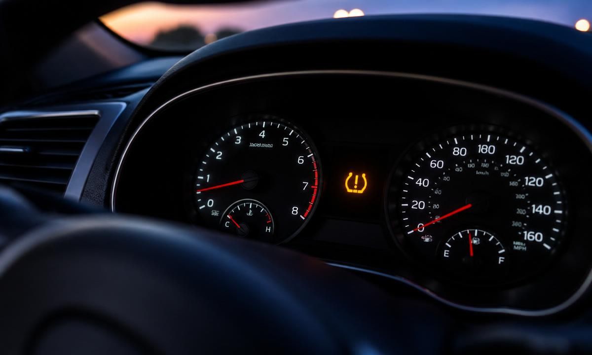 Subaru instrument cluster at dusk with the amber TPMS warning light illuminated between the gauges