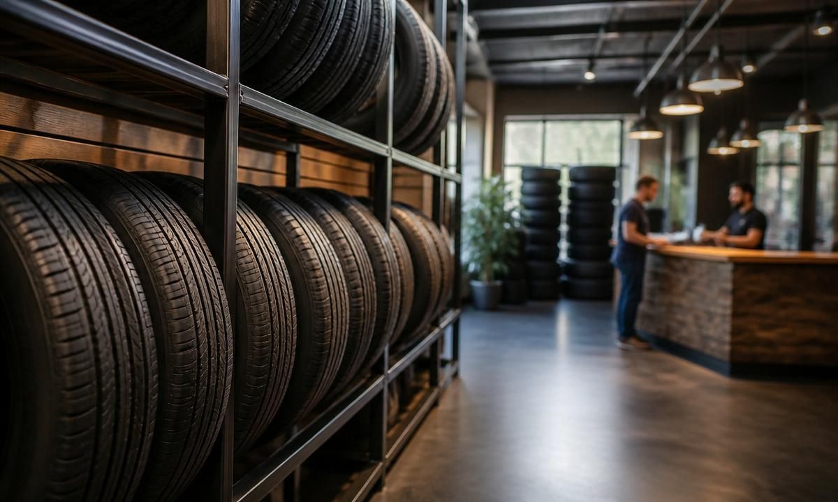 Tire retail showroom with wall racks of tires and a customer at the service counter