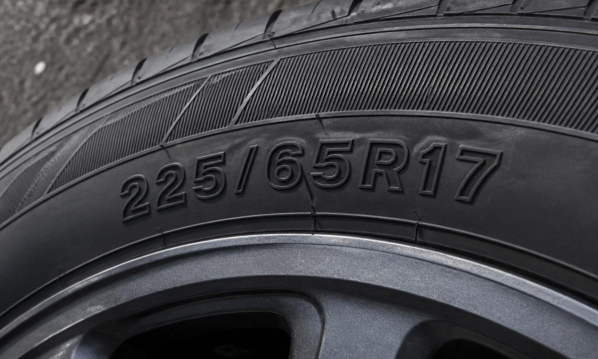 Close-up of a tire sidewall stamped 225/65R17, the standard Outback fitment on 17-inch wheels