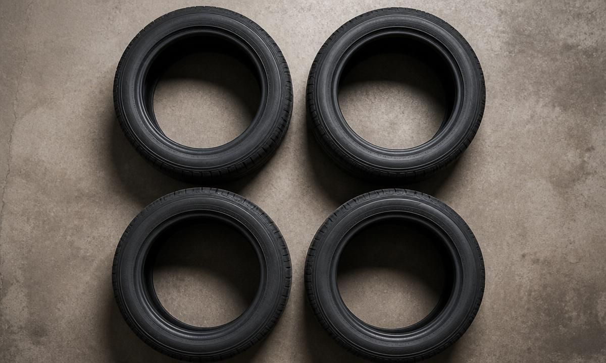 Four matching all-season tires laid out together on a concrete floor, illustrating a full matched set