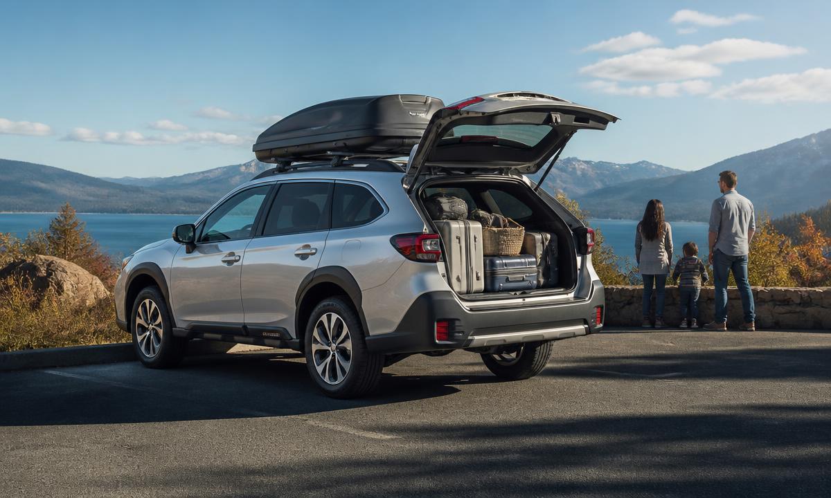 Family loading luggage into a Subaru Outback with a roof box at a lakeside overlook