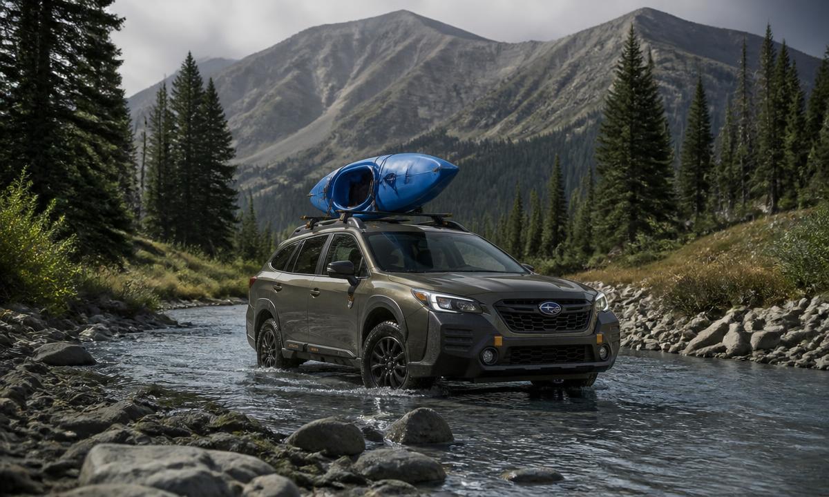 Subaru Outback Wilderness fording a shallow river with a kayak on the roof rack