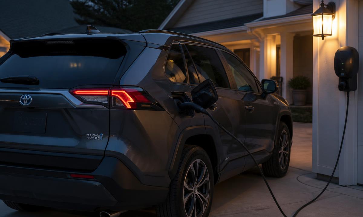 Toyota RAV4 Plug-in Hybrid charging on a home driveway in the evening