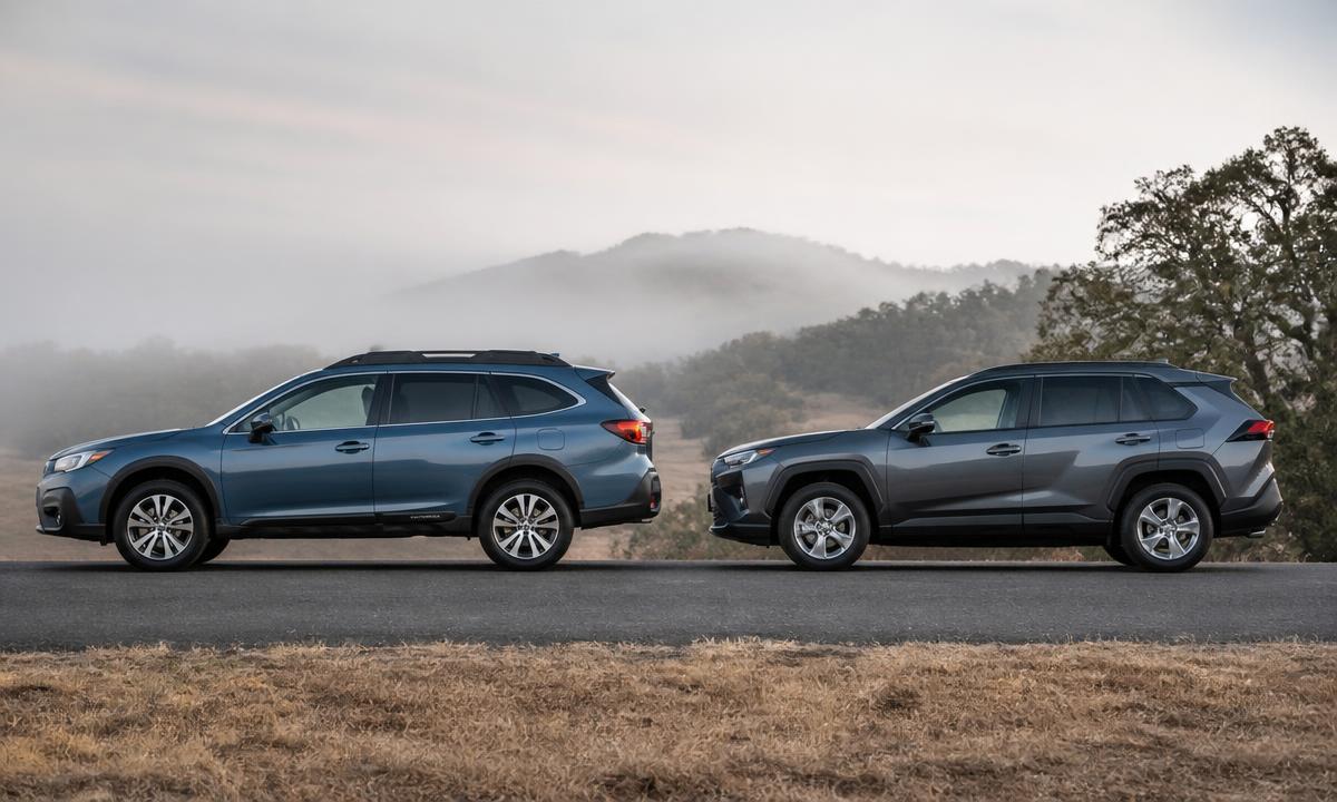 2026 Toyota RAV4 and redesigned Subaru Outback showing the new size difference between the two SUVs