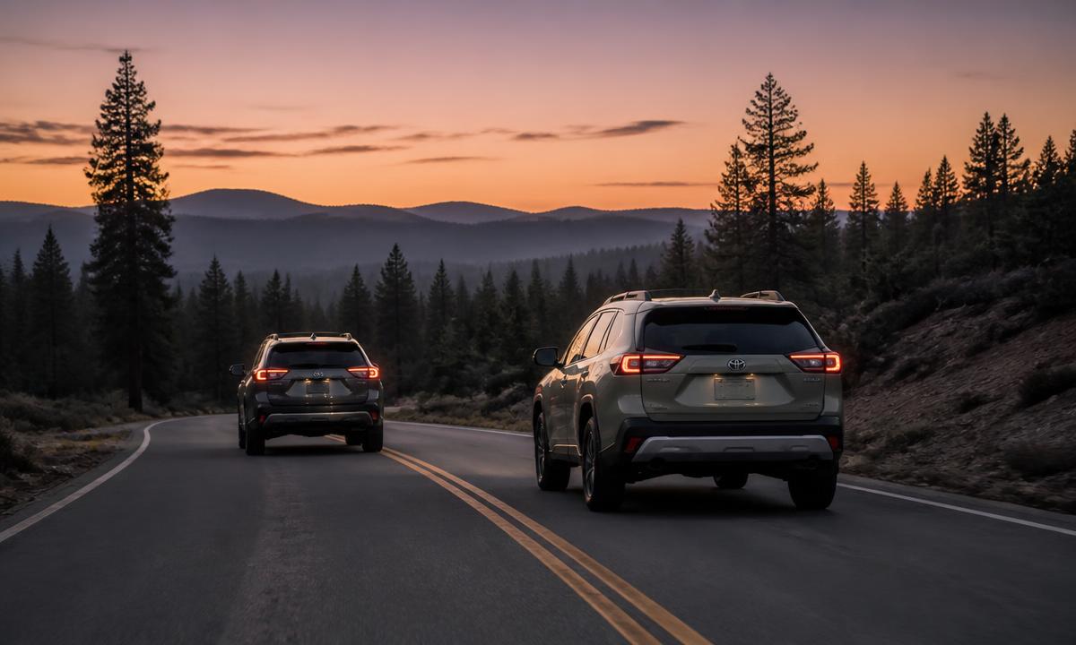 Toyota RAV4 and Subaru Outback driving away together on a mountain road at sunset