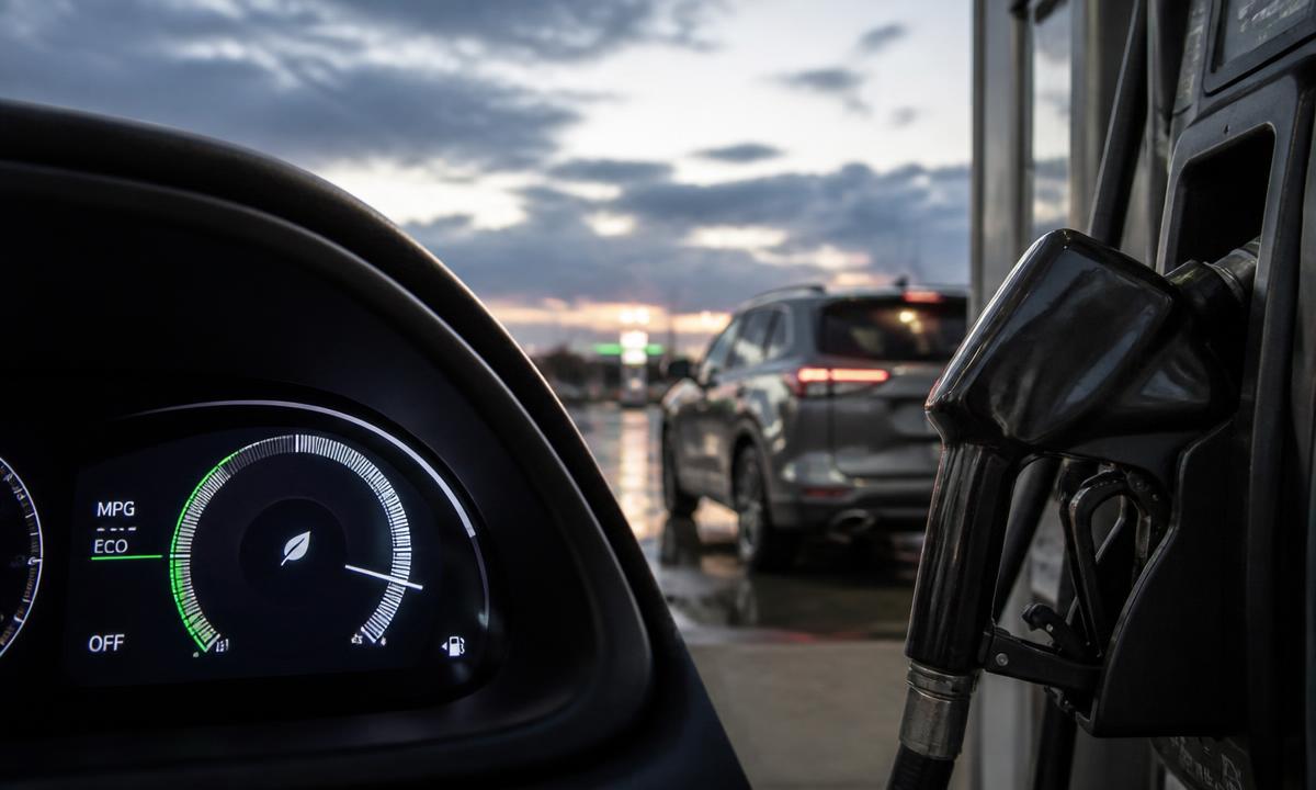 Hybrid instrument cluster showing an eco readout with an SUV at a fuel pump at dusk