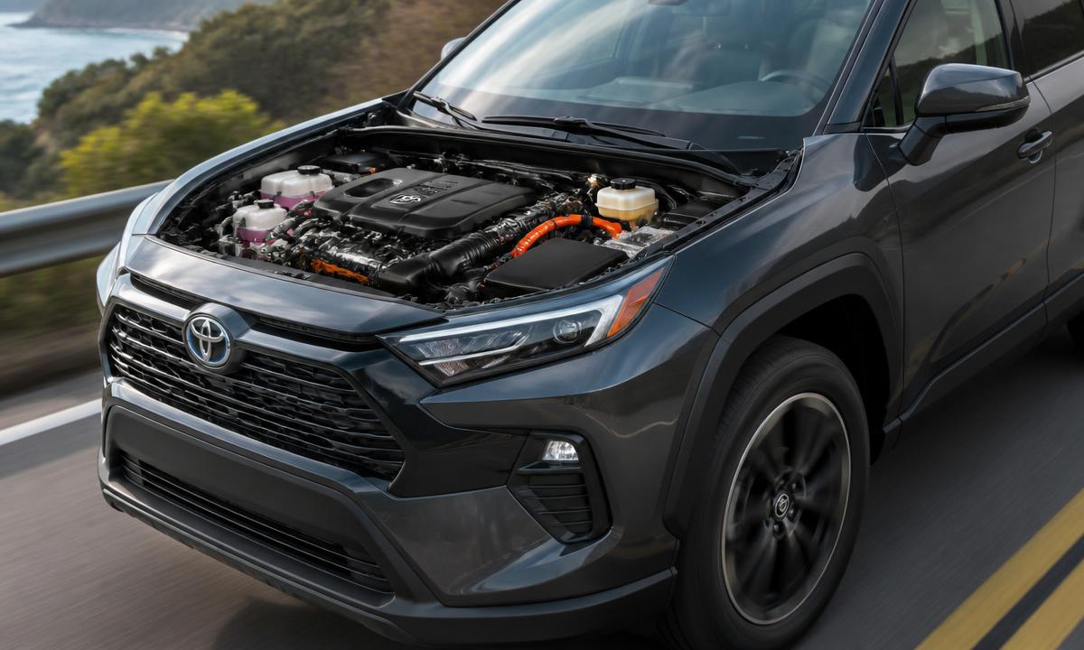 Open hood of a Toyota RAV4 Hybrid showing the electrified 2.5-liter powertrain