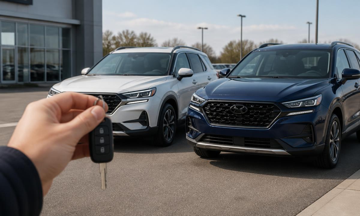 Buyer signing paperwork at a dealership with a Toyota RAV4 and Subaru Outback on the showroom floor