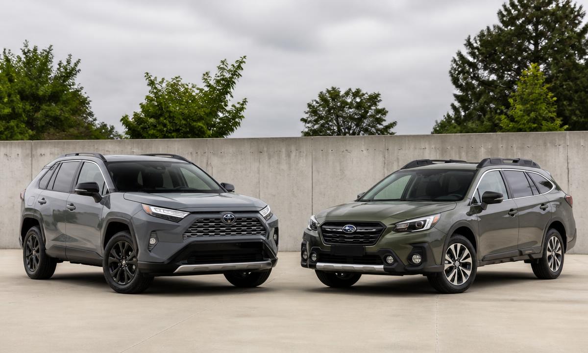 Overhead view of a Toyota RAV4 and Subaru Outback parked together for a specification comparison
