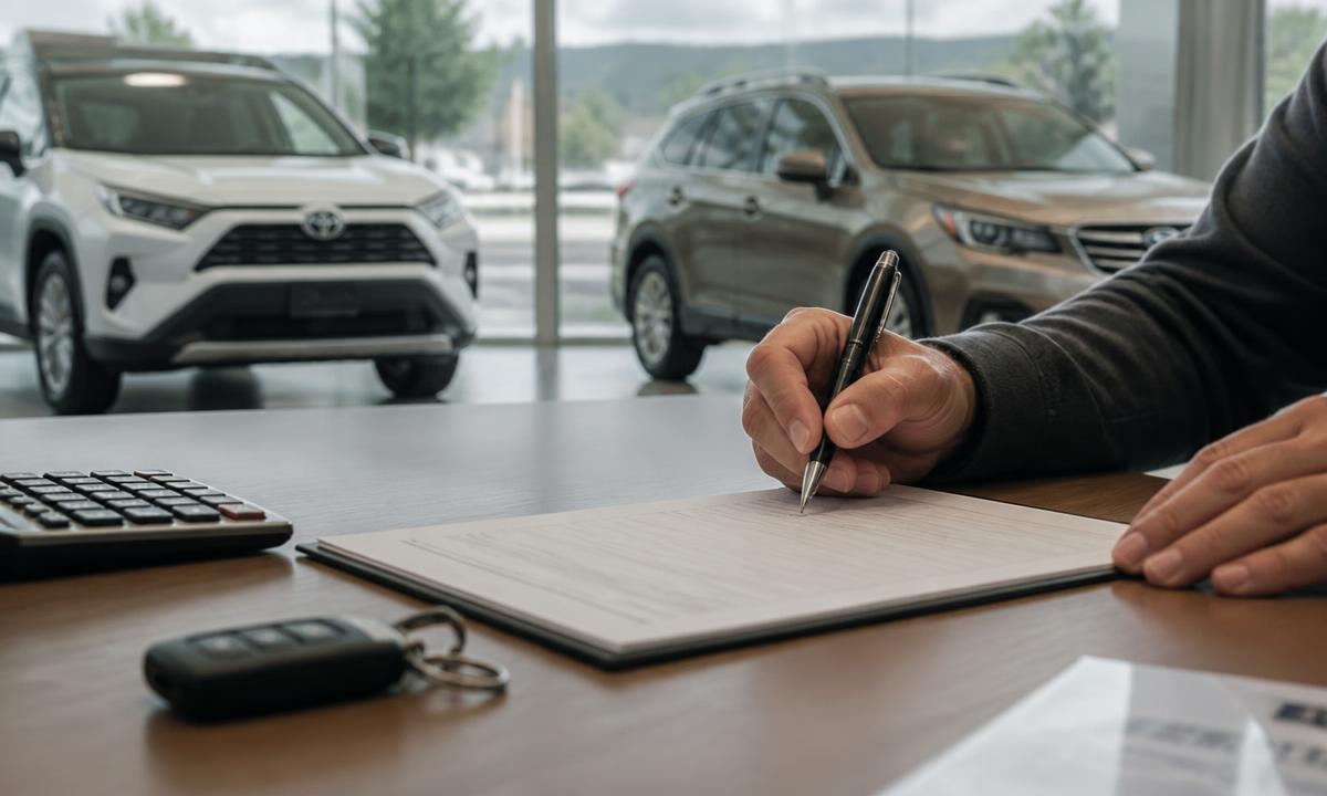 Car keys held in front of two SUVs on a dealership lot