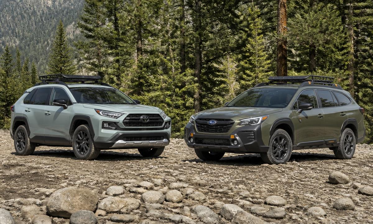 Toyota RAV4 Woodland and Subaru Outback Wilderness parked on a rocky trail with roof racks fitted