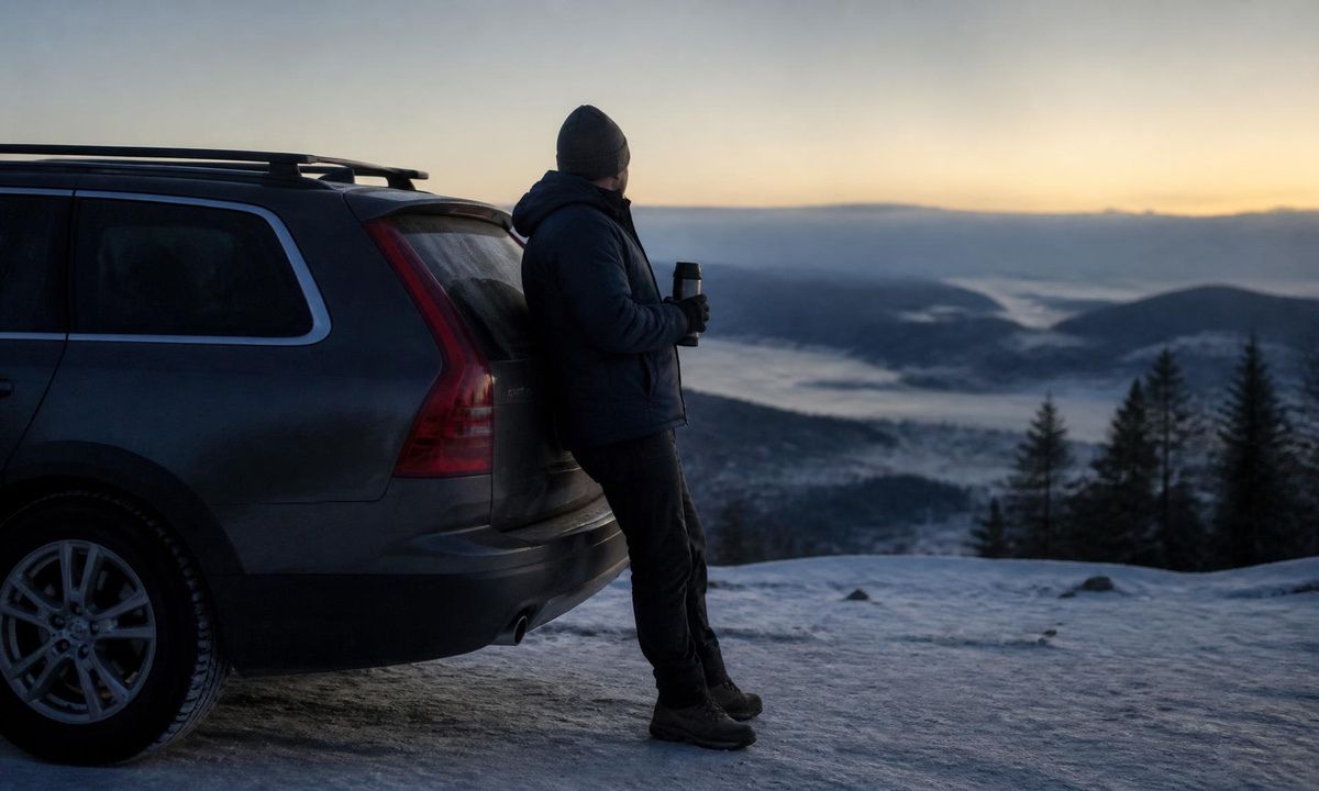 A traveler in a beanie leans against a wagon at a snowy overlook at sunrise, holding a thermos