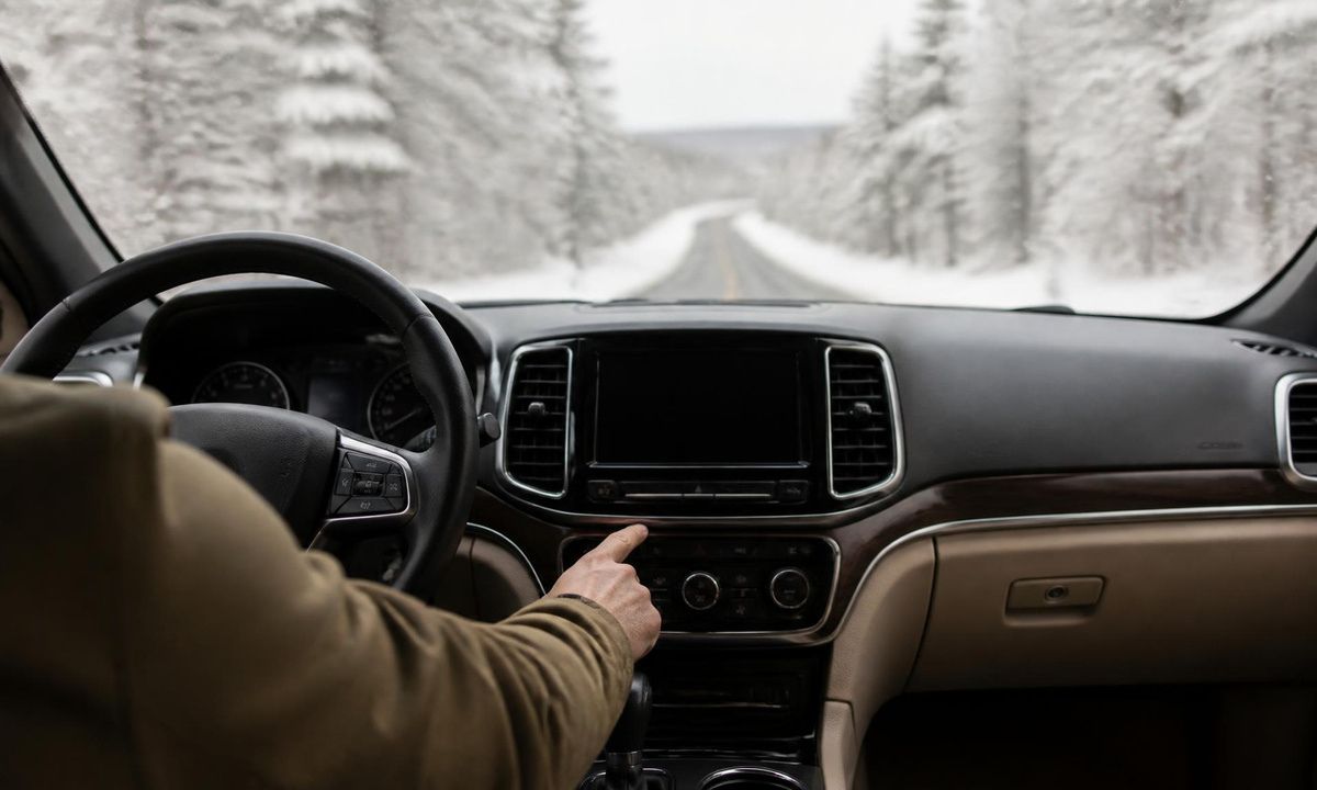 View from the driver's seat of an Outback with a finger reaching for the center console on a snowy forest road