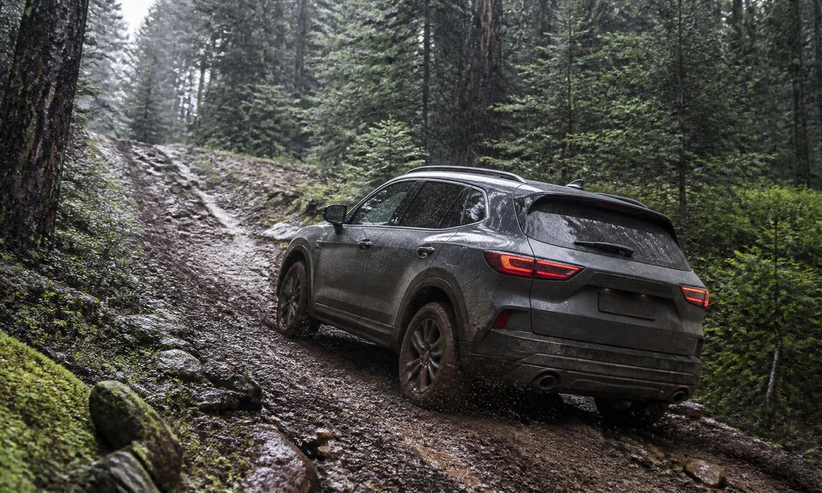 Subaru Outback pushing up a wet, rutted forest trail through dense green woods